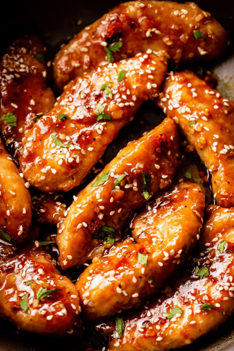 Plate of honey garlic chicken tenders garnished with parsley and sesame seeds.