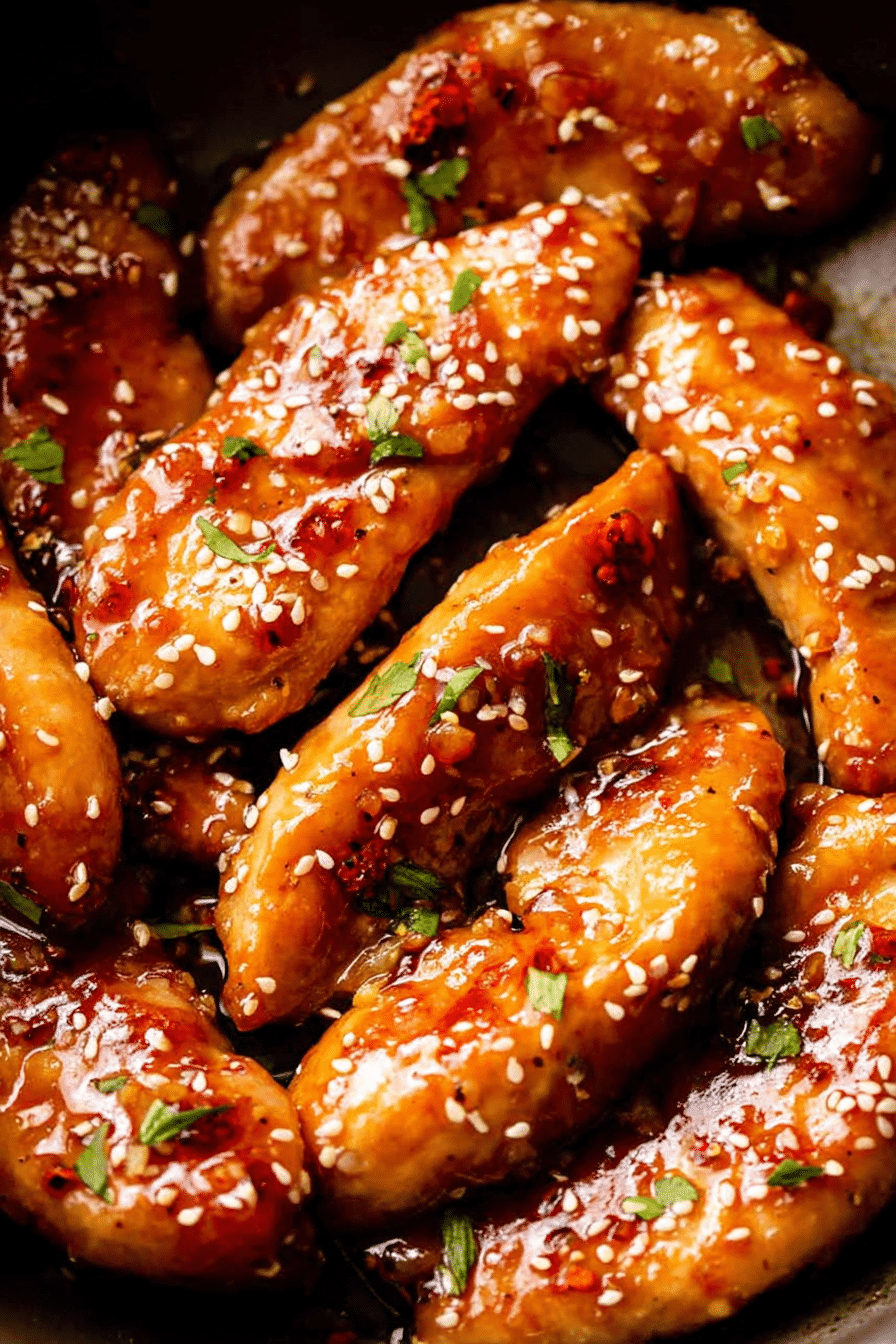 Plate of honey garlic chicken tenders garnished with parsley and sesame seeds.