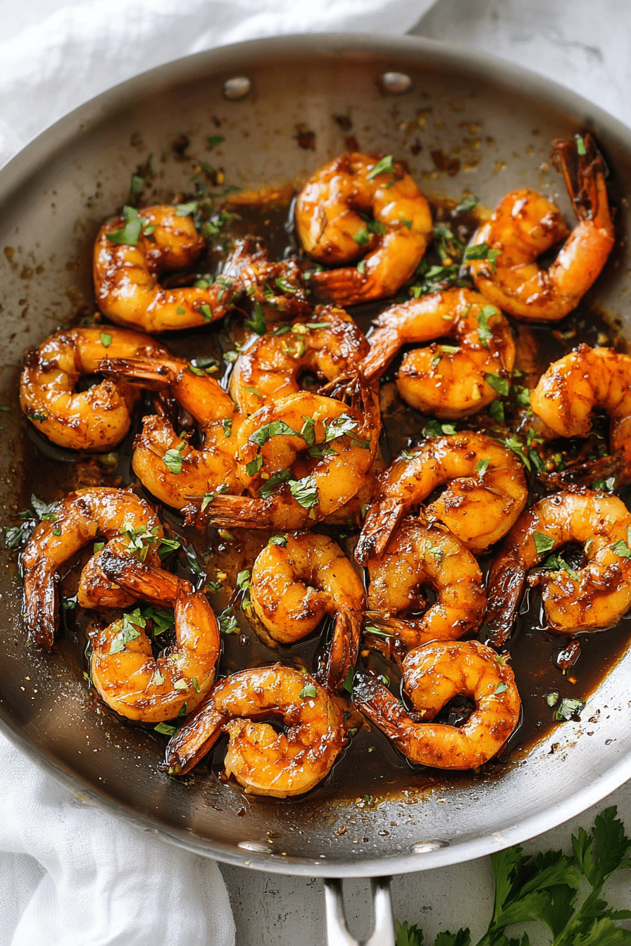 Honey garlic shrimp on a plate with green onions and cilantro, served with steamed rice.