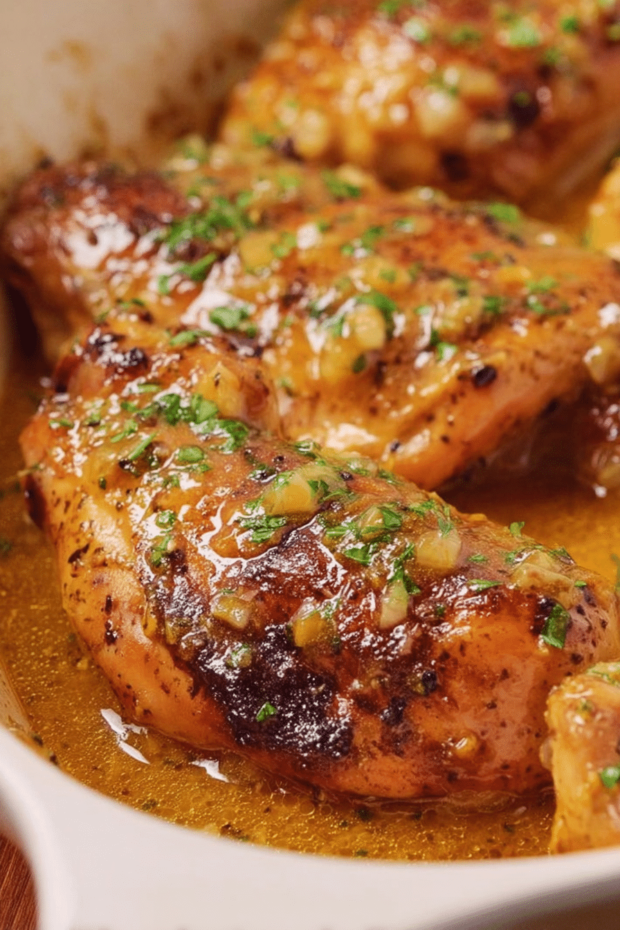 Plated honey mustard chicken breast garnished with parsley and lemon on a wooden table.