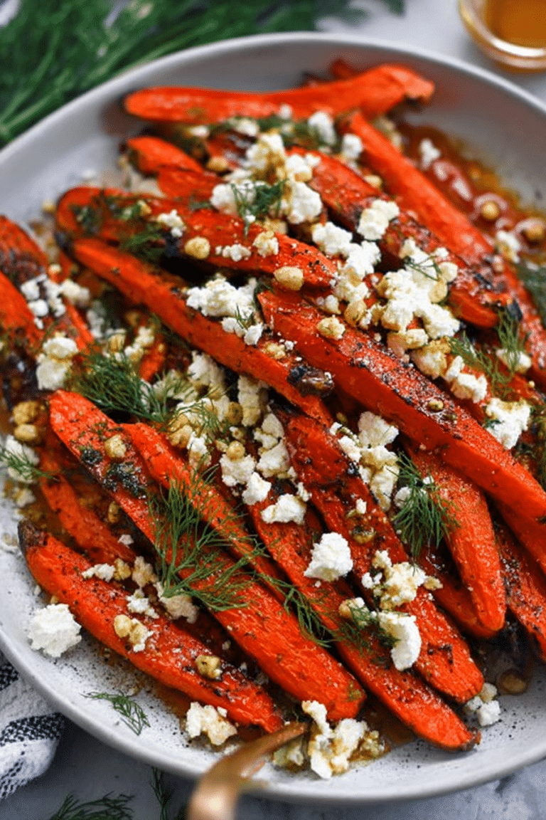 Honey roasted carrots with feta cheese and dill served on a wooden table, showcasing their vibrant colors and textures.