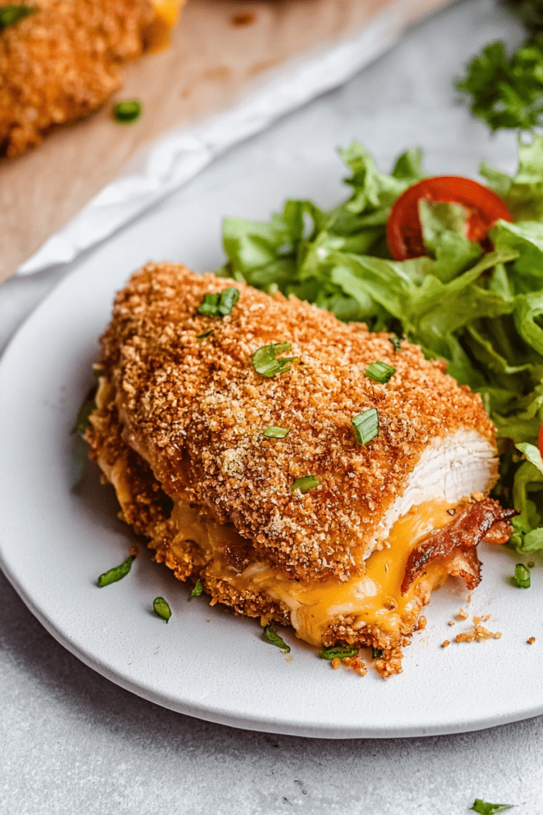 Crispy jalapeño popper stuffed chicken breast with melted cheese and green onions on top.