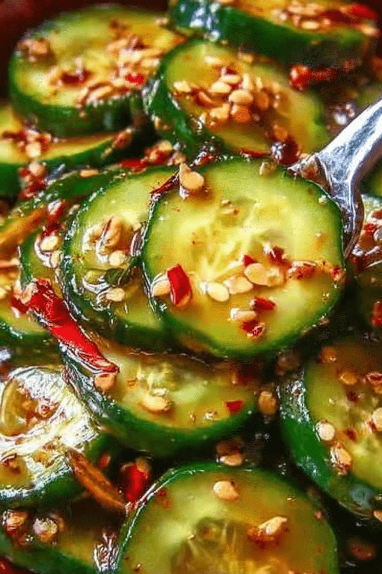 Korean cucumber salad served in a bowl garnished with sesame seeds and green onions on a wooden table.