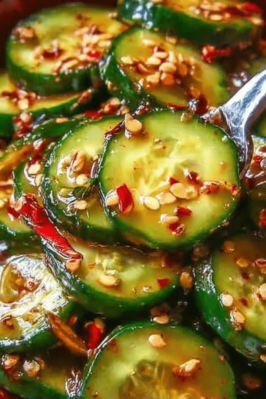 Korean cucumber salad served in a bowl garnished with sesame seeds and green onions on a wooden table.