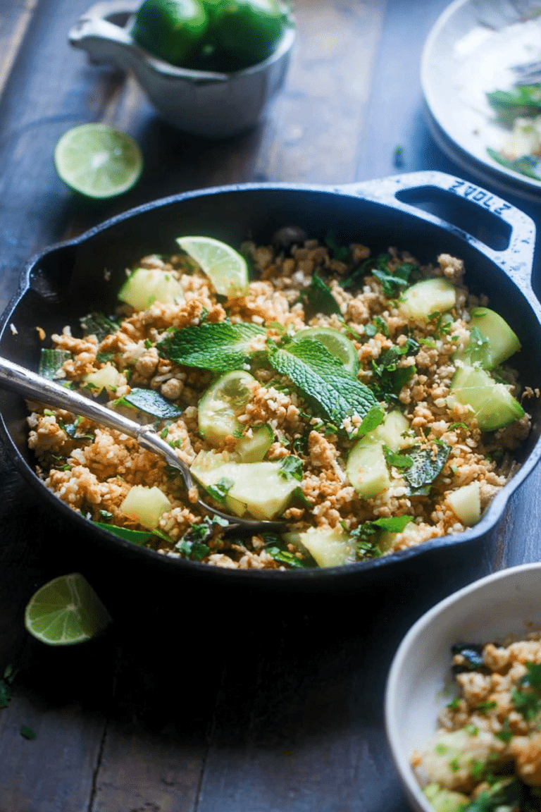 Larb Gai Thai Chicken Skillet served in a cast iron skillet with fresh herbs, lime wedges, and colorful vegetables.