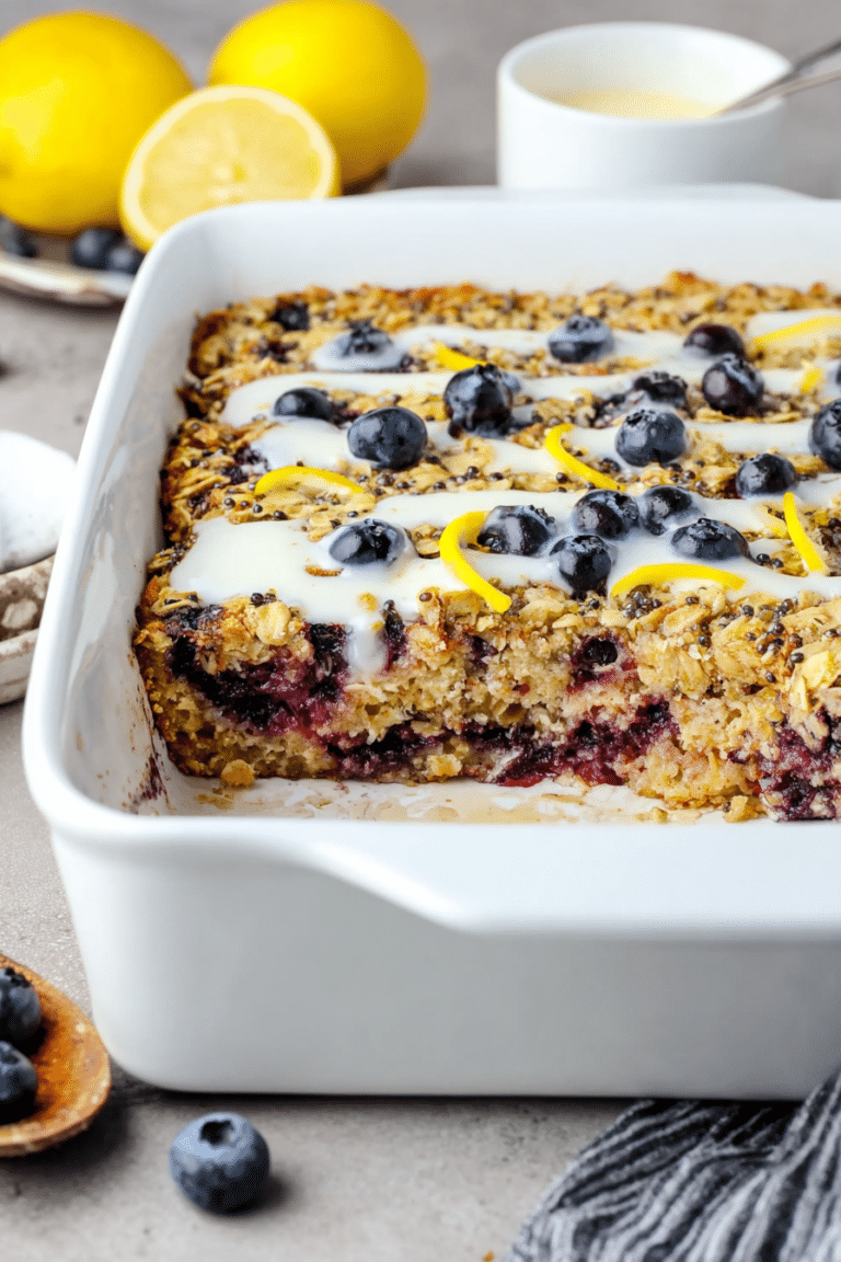Slice of lemon blueberry baked oatmeal with lemon yogurt drizzle and fresh blueberries on a wooden table.