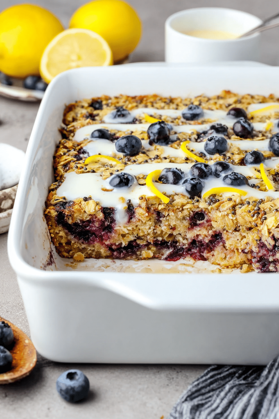 Slice of lemon blueberry baked oatmeal with lemon yogurt drizzle and fresh blueberries on a wooden table.