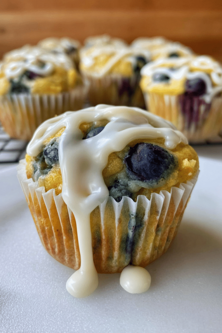 Delicious lemon blueberry cupcakes with blueberries and lemon slices on top.