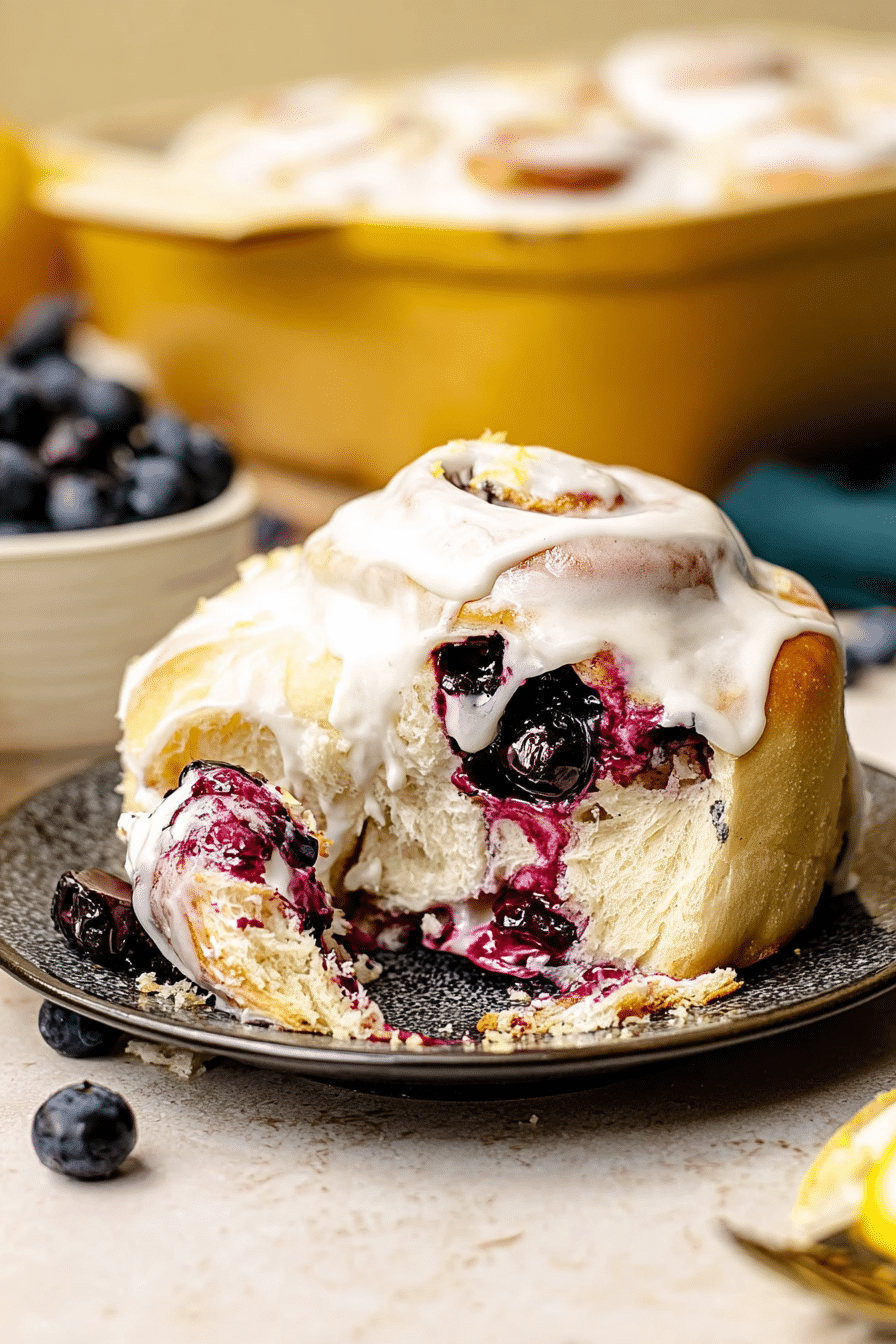 Close-up of lemon blueberry sweet rolls topped with lemon cream cheese frosting and a few blueberries around them.