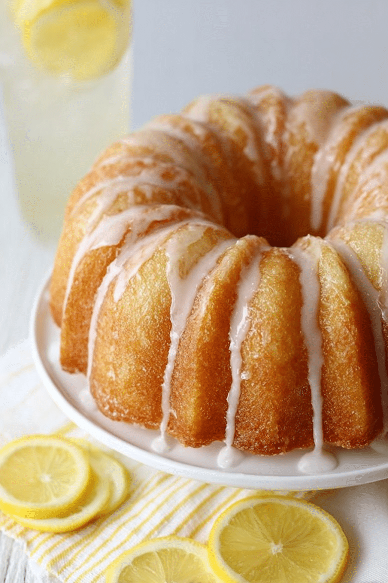 A delicious lemon bundt cake garnished with lemon glaze and fresh lemons, perfect for summer gatherings.