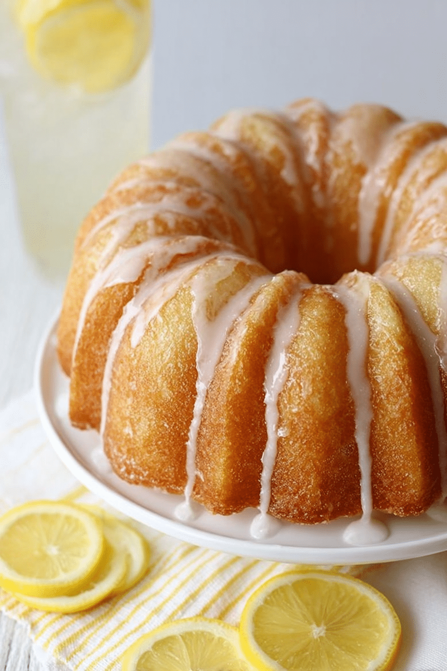 A delicious lemon bundt cake garnished with lemon glaze and fresh lemons, perfect for summer gatherings.