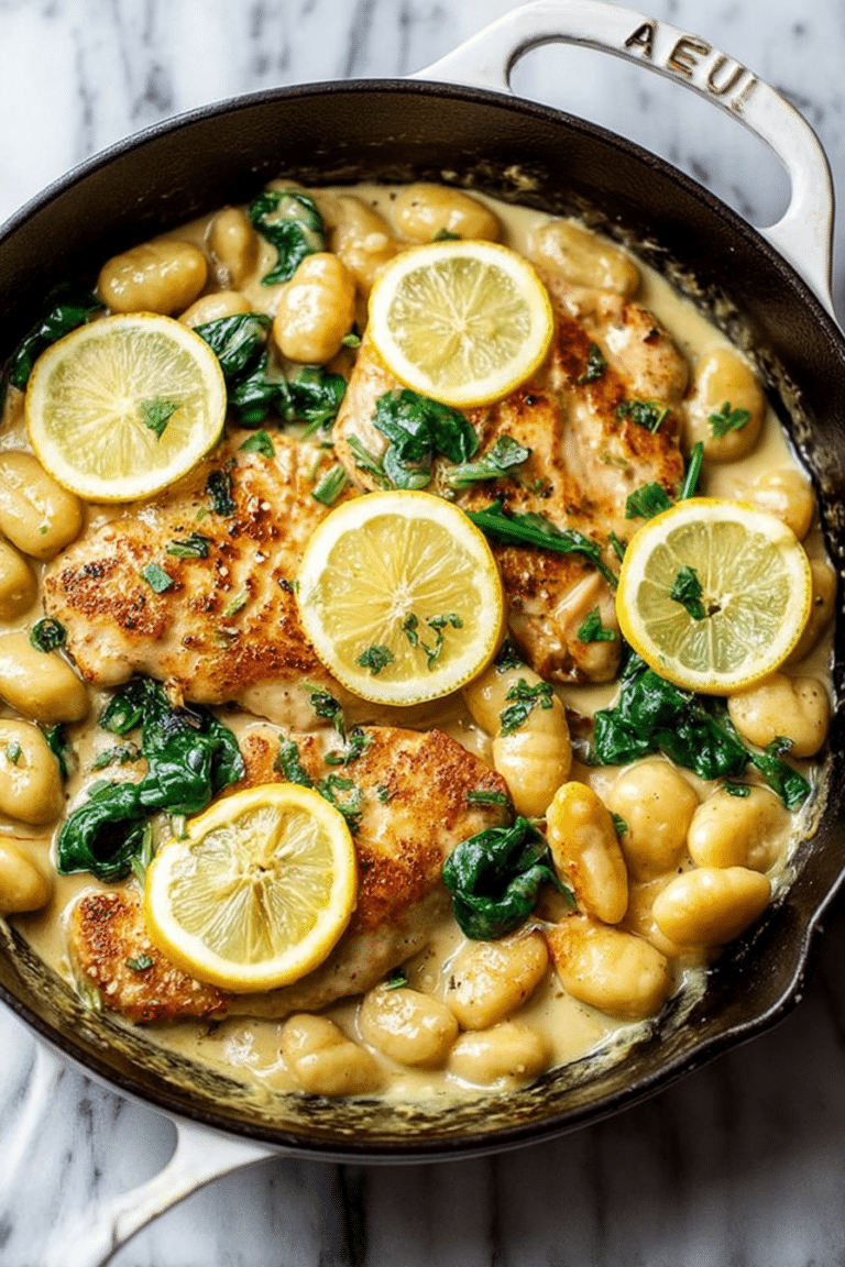 Plated lemon chicken gnocchi on a rustic wooden table, garnished with spinach and parmesan cheese, showcasing a creamy sauce.