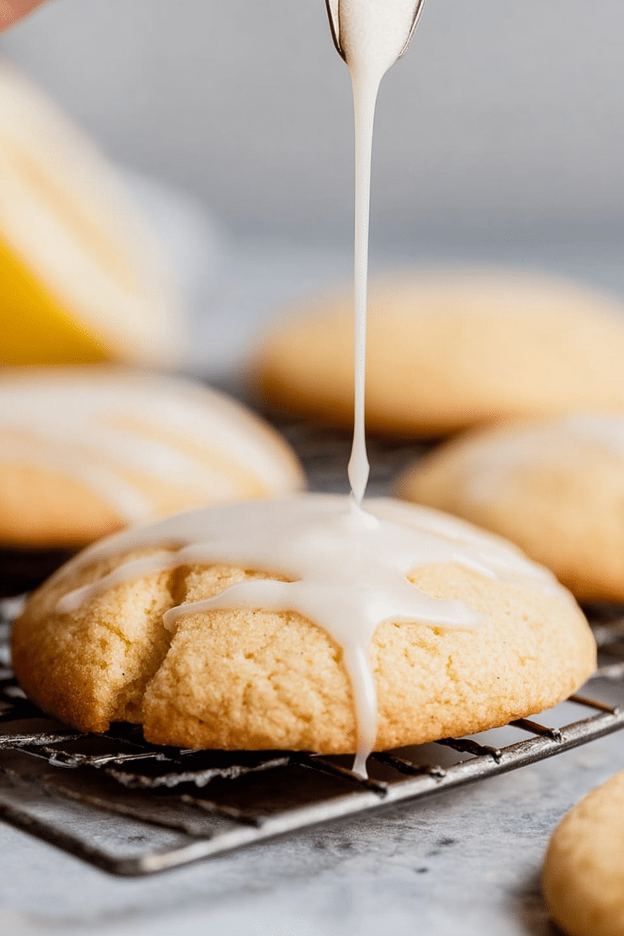 Delicious lemon cookies with a lovely lemon glaze, garnished with poppy seeds, served on a white plate with fresh lemons and mint.