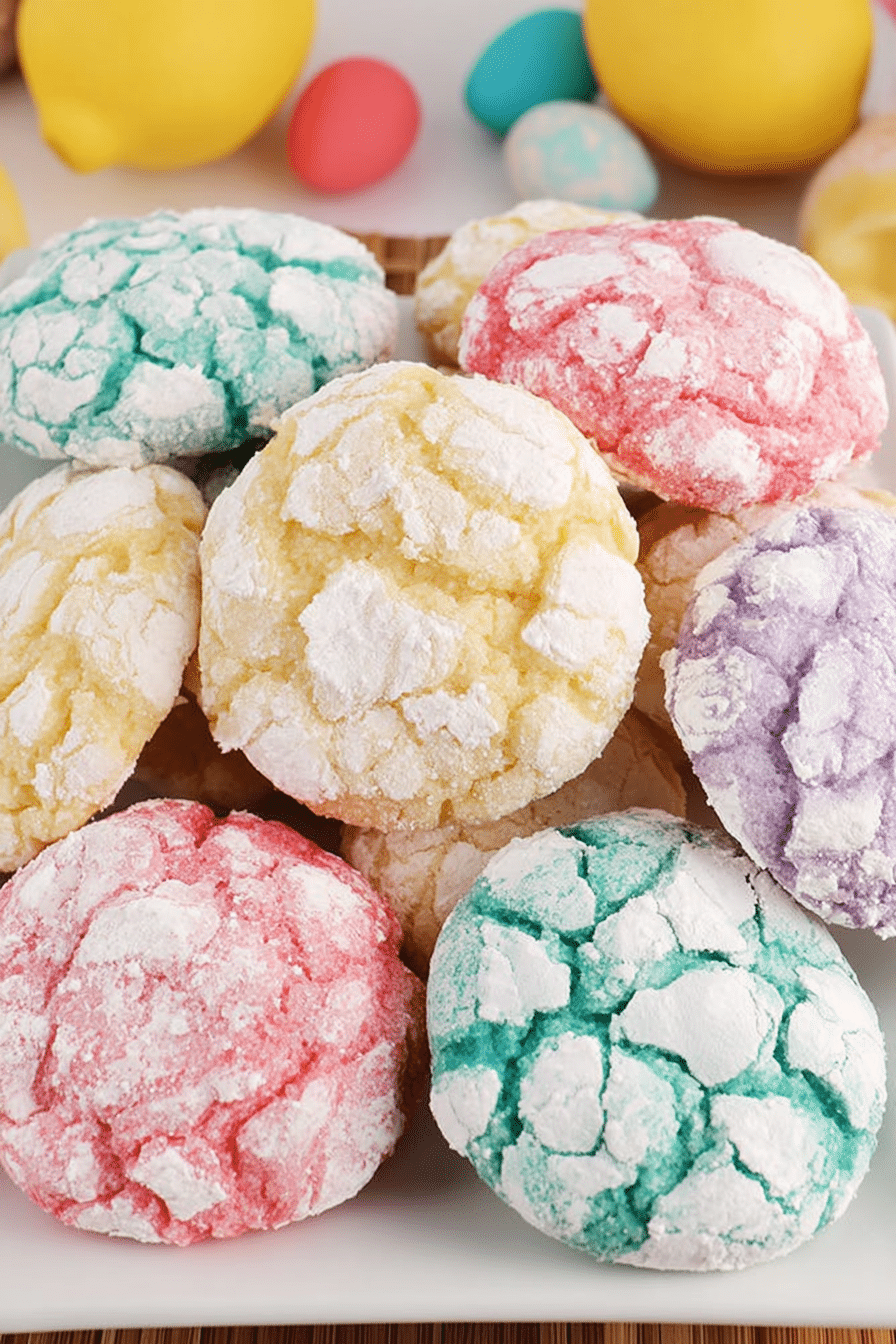 Lemon crinkle cookies with powdered sugar on top, showcasing light and fluffy interiors and colorful exteriors.
