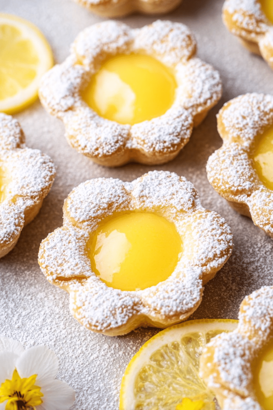 Plate of lemon curd tartlets dusted with icing sugar and garnished with lemon slices.