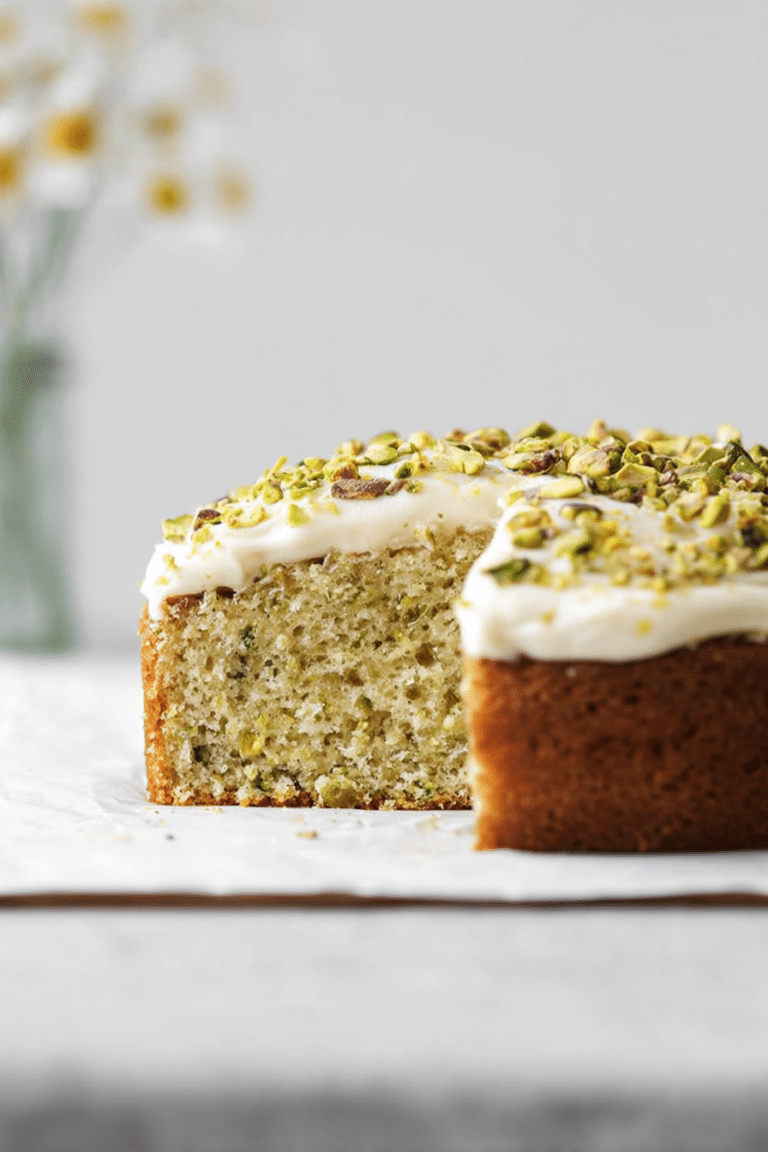 Slice of lemon pistachio cake with mascarpone frosting, garnished with pistachios and fresh lemons on a wooden table.