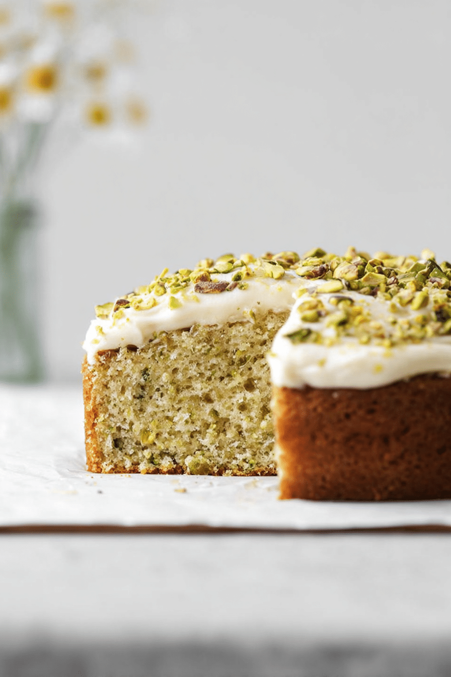 Slice of lemon pistachio cake with mascarpone frosting, garnished with pistachios and fresh lemons on a wooden table.