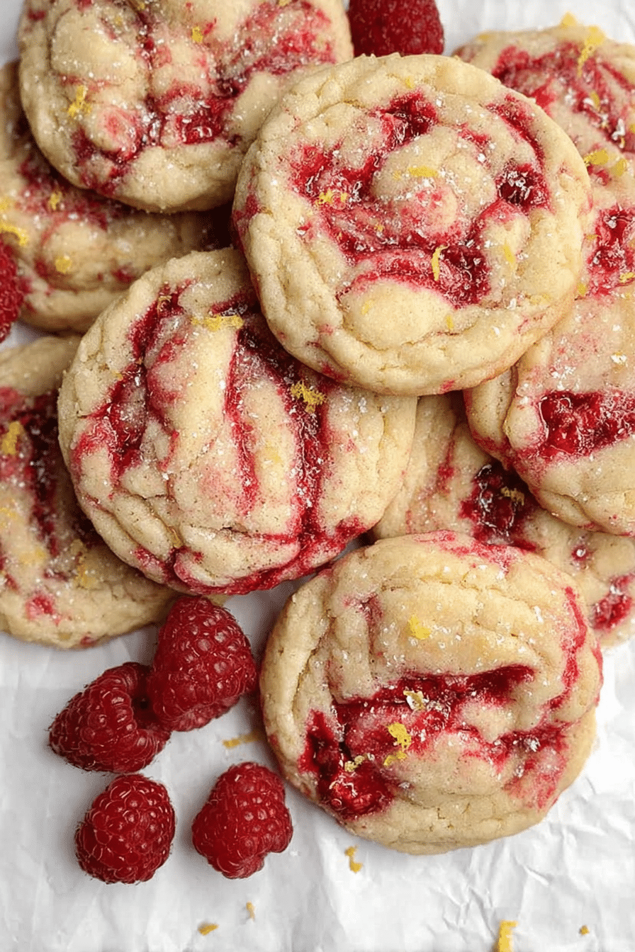 Freshly baked lemon raspberry cookies on a wooden table with lemon wedges and raspberries.