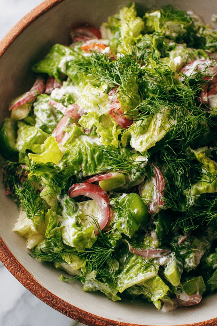 Liz's Bistro Salad with fresh greens, pickled onions, and herbs on a wooden table.