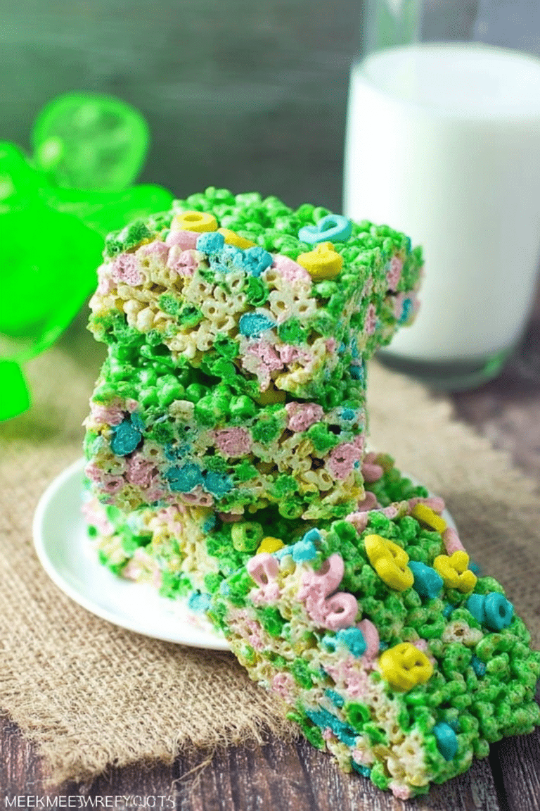 Close-up of Lucky Charms Rice Krispie Treats with scattered marshmallows and cereal, perfect for showcasing the colorful dessert.