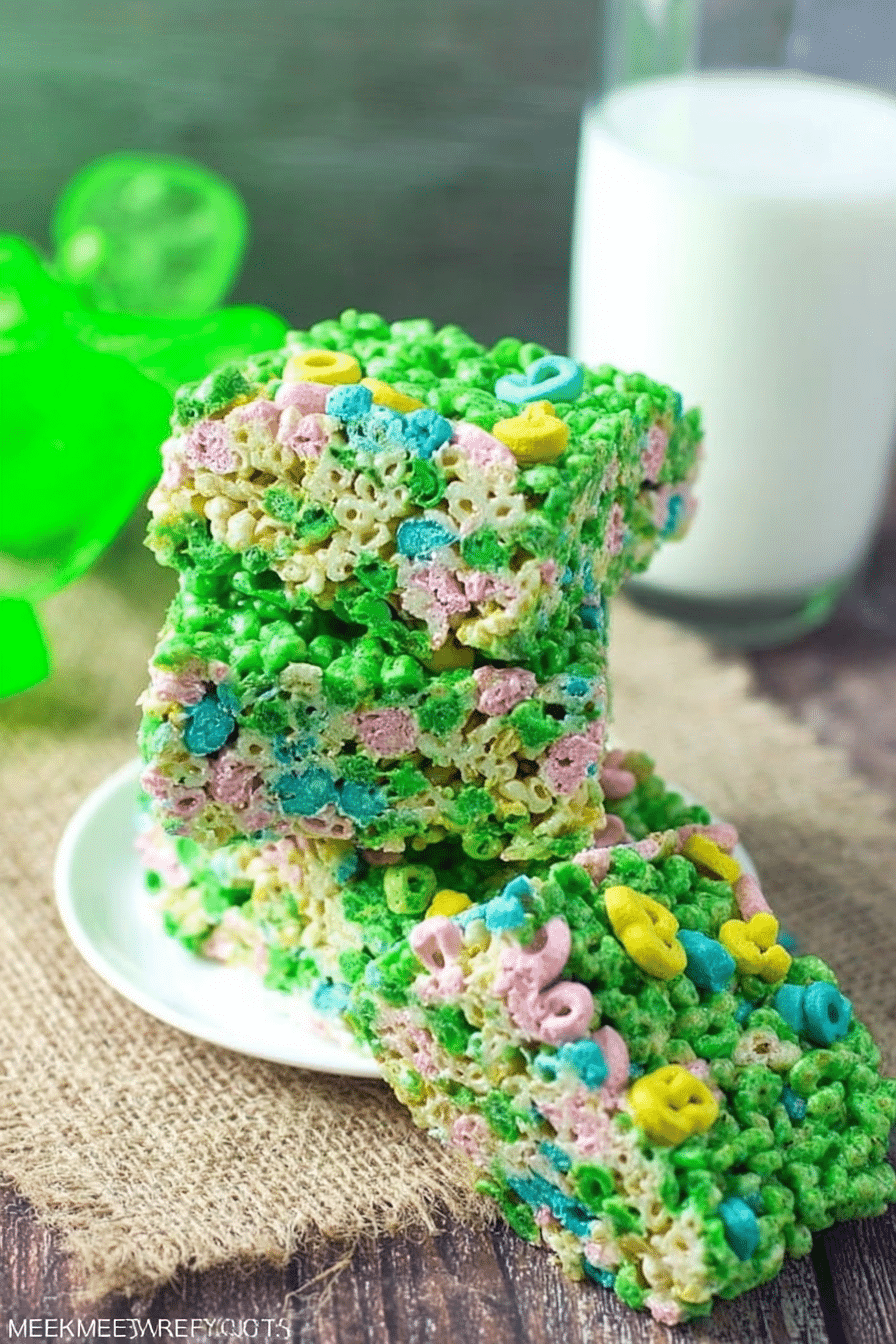 Close-up of Lucky Charms Rice Krispie Treats with scattered marshmallows and cereal, perfect for showcasing the colorful dessert.