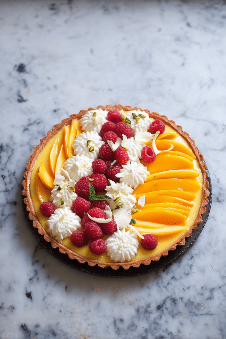 Mango curd tart with fresh mango, raspberries, and cherries on a rustic table