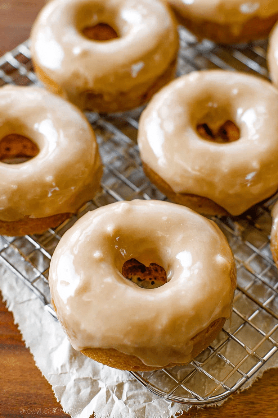 Freshly baked maple glazed donuts with a rich glaze on a wooden table, surrounded by maple syrup and spices.