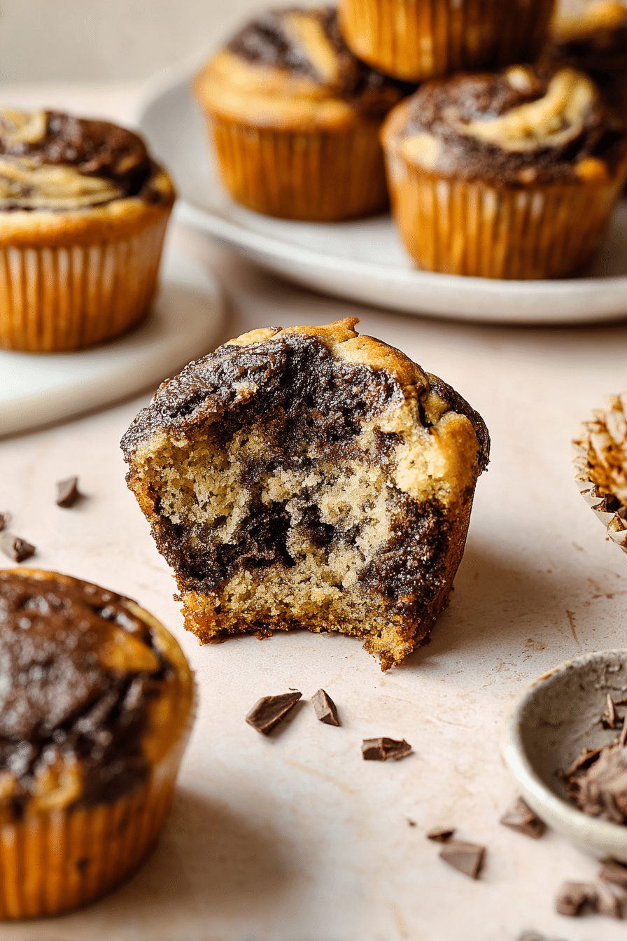 Close-up view of a marbled banana muffin with chocolate swirl and chocolate chips on a wooden table.