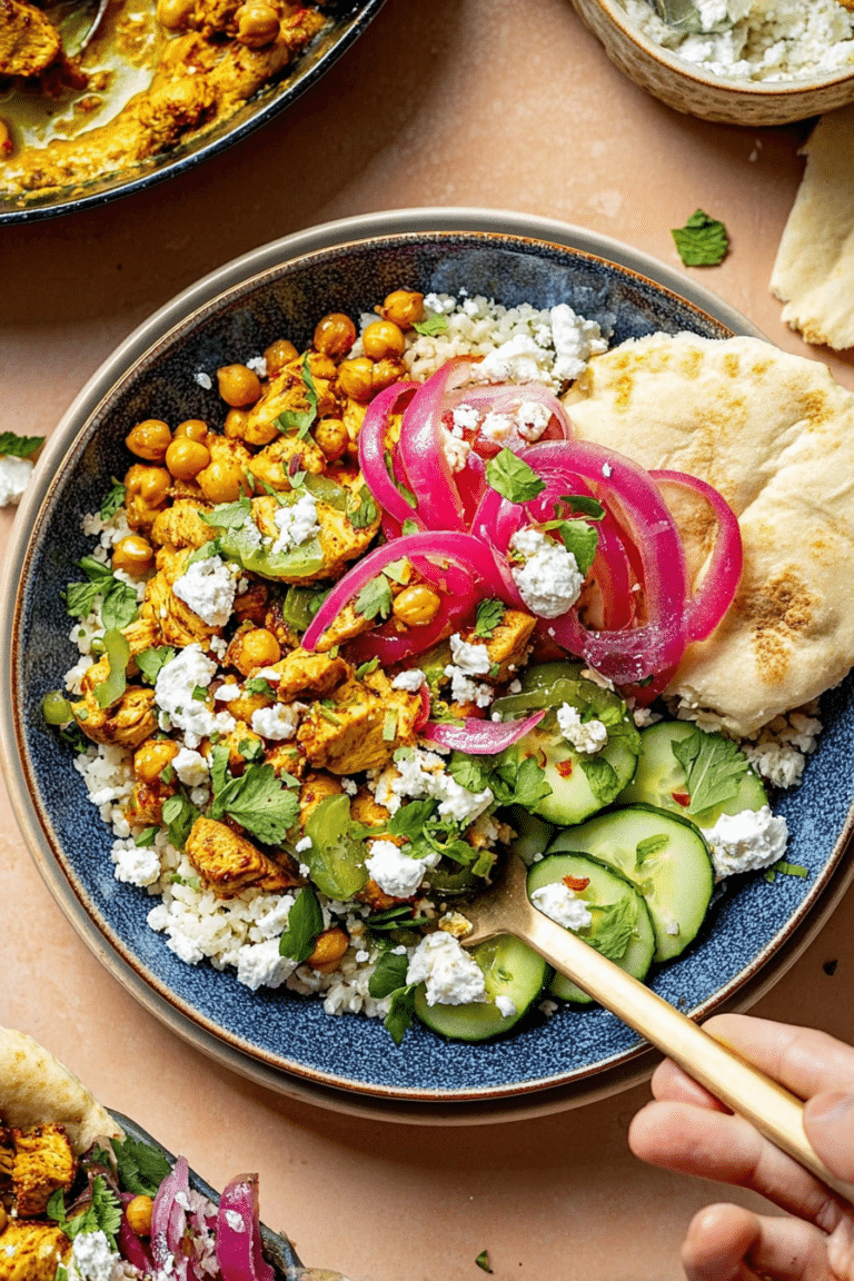 Mediterranean chicken bowl with vegetables and feta on a wooden table