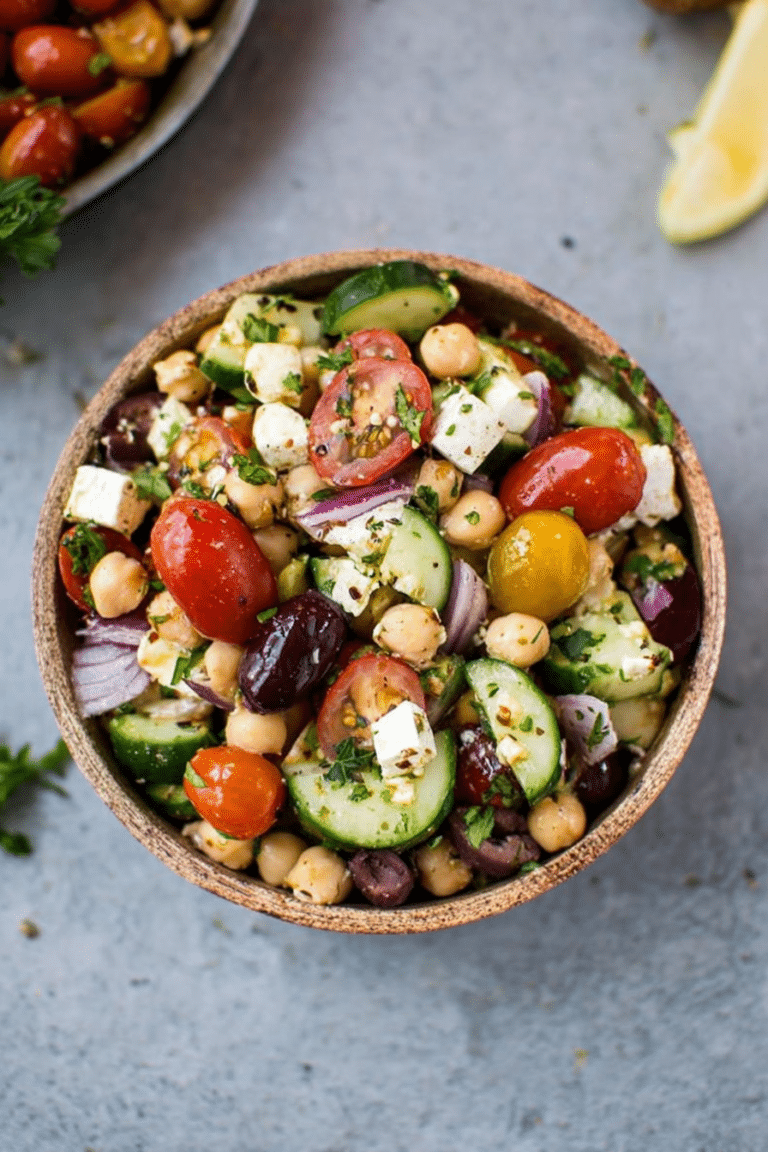 Mediterranean chickpea salad with fresh vegetables and herbs in a glass bowl.