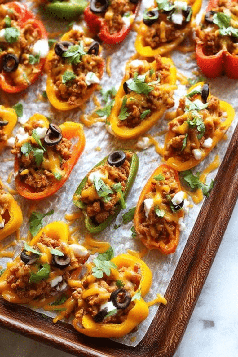 Overhead view of mini bell pepper loaded turkey nachos topped with cheese, jalapenos, and cilantro on a wooden table.