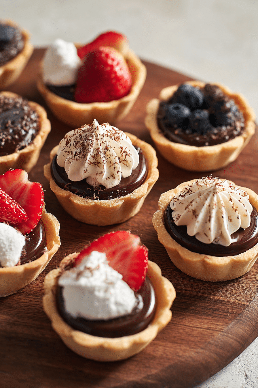 Delicious mini chocolate tart topped with whipped cream and fresh strawberries on a wooden table.