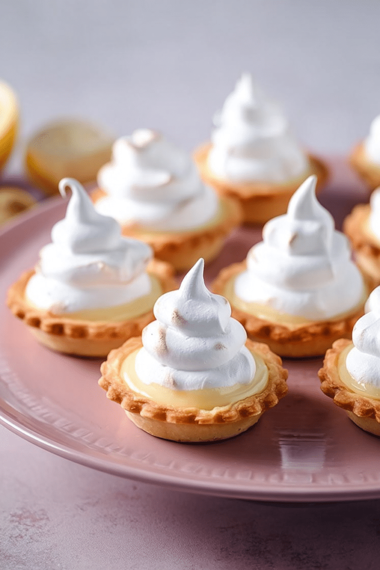 Close-up of mini lemon meringue tarts on a white plate, garnished with fresh mint and lemon slices, highlighting the golden meringue topping.