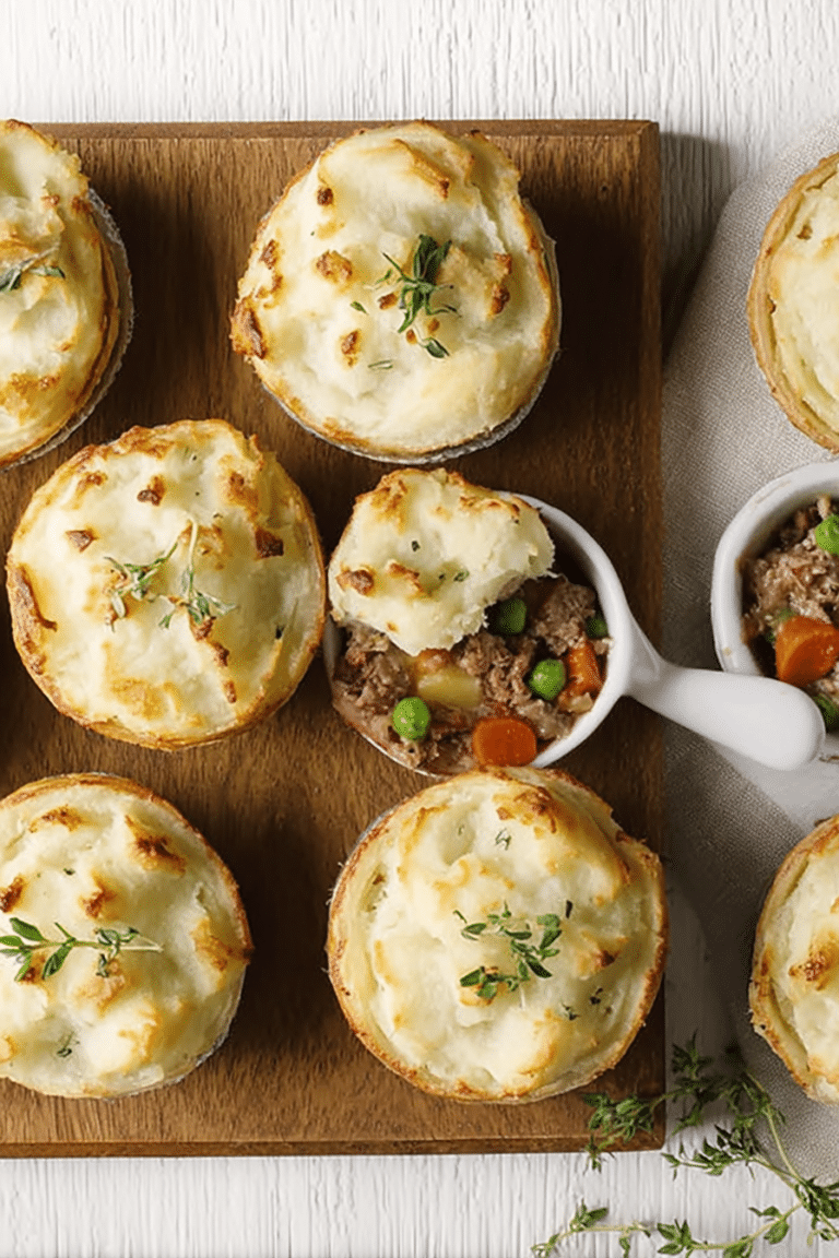 Delicious mini shepherd's pot pie with golden mashed potato topping served on a wooden table.