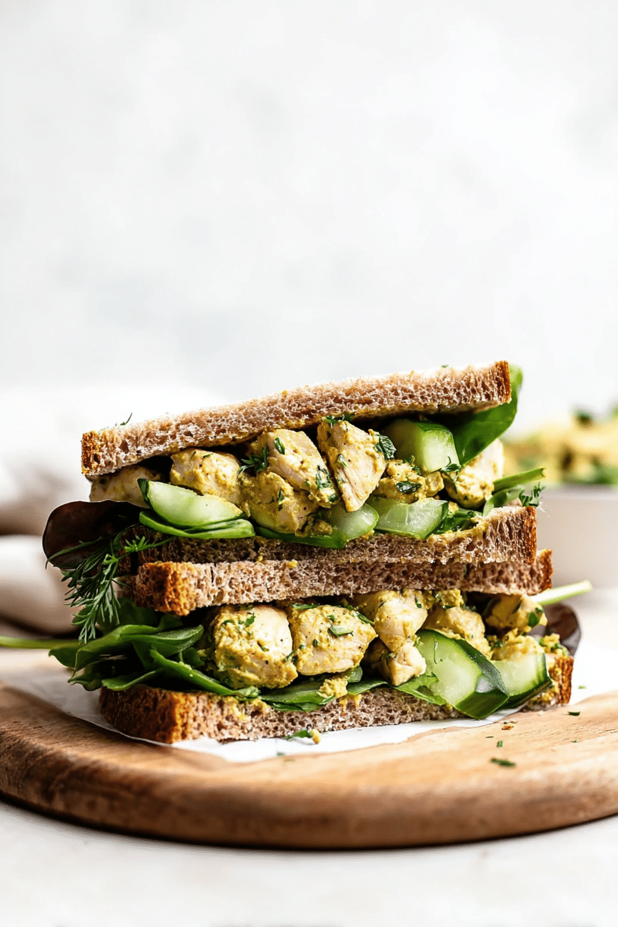 Moroccan-spiced Greek yogurt chicken salad in a bowl, garnished with fresh herbs and served alongside lettuce wraps and cucumbers.