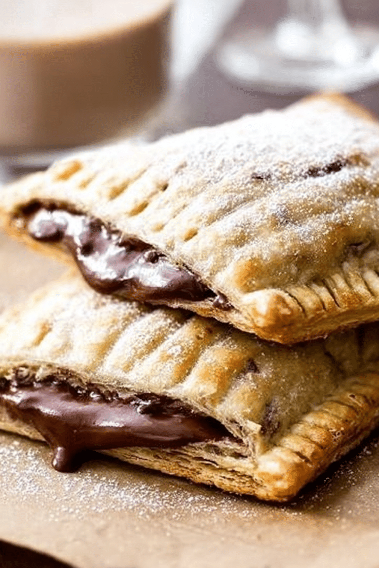 Delicious homemade Nutella Pop Tarts drizzled with chocolate glaze on a wooden table.
