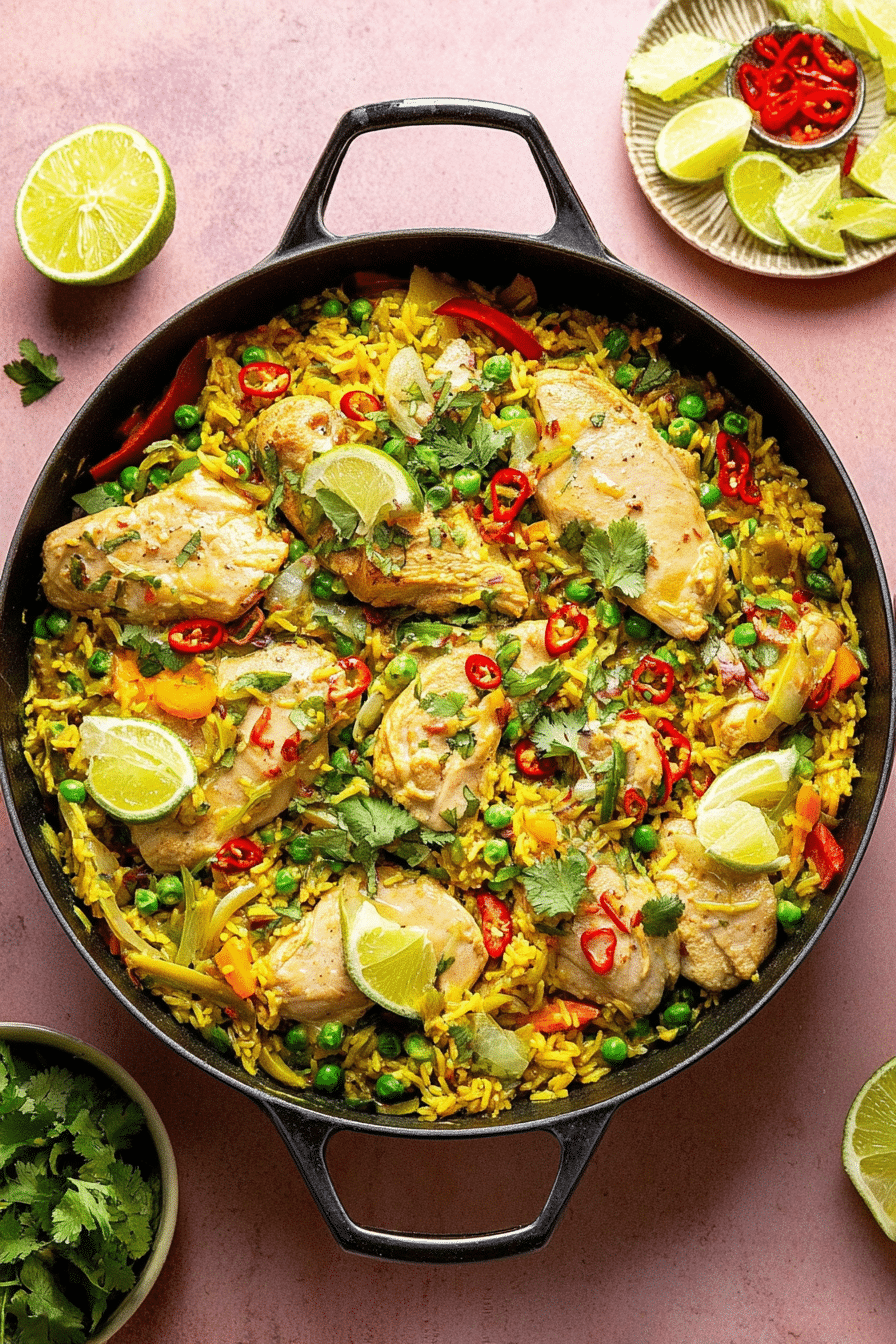 One pan Thai-inspired yellow curry chicken and rice with colorful veggies and garnishes.