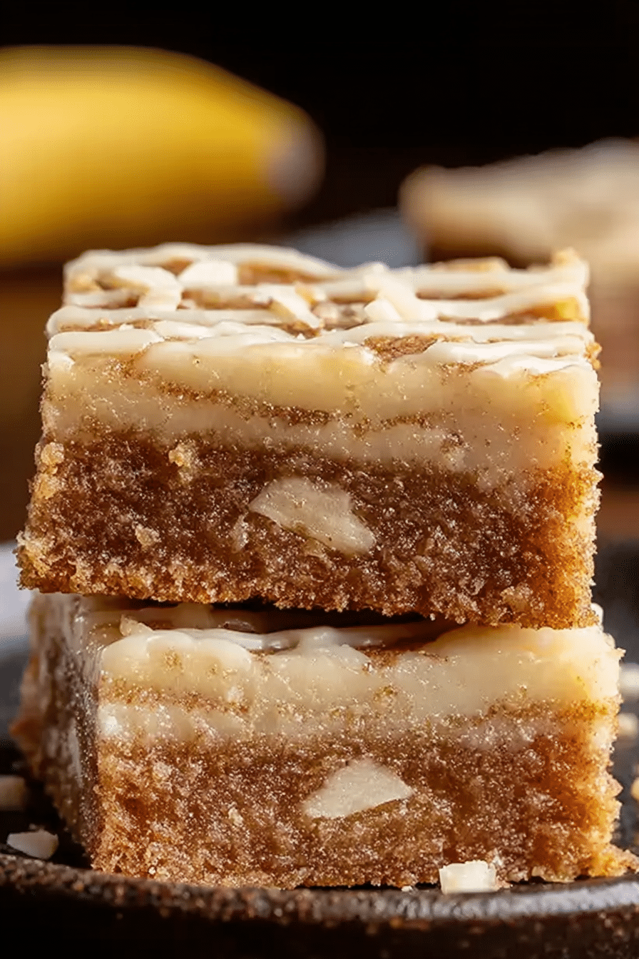 Plate of ooey gooey banana bars with salted caramel frosting and banana slices on top.