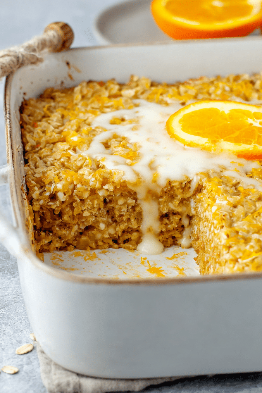 Delicious slice of orange creamsicle baked oatmeal topped with orange glaze, garnished with orange slices on a rustic kitchen table.