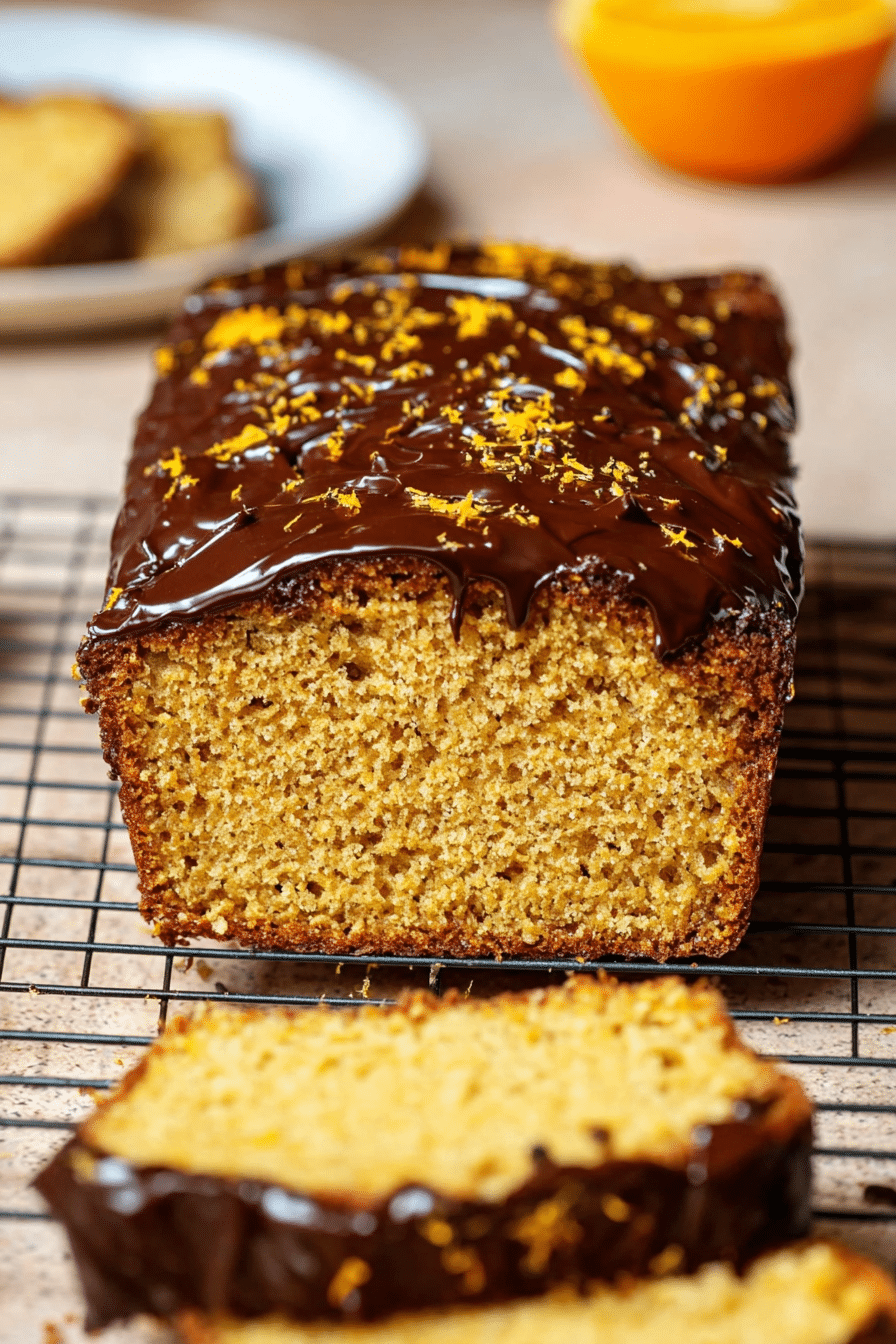 Slice of paleo orange kissed loaf with dark chocolate glaze and orange zest on a wooden table.