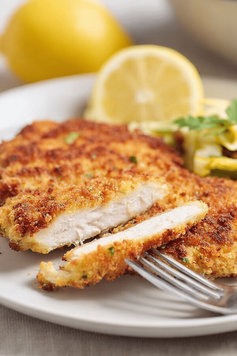 Delicious parmesan crusted chicken garnished with lemon and parsley, perfect for a quick meal.