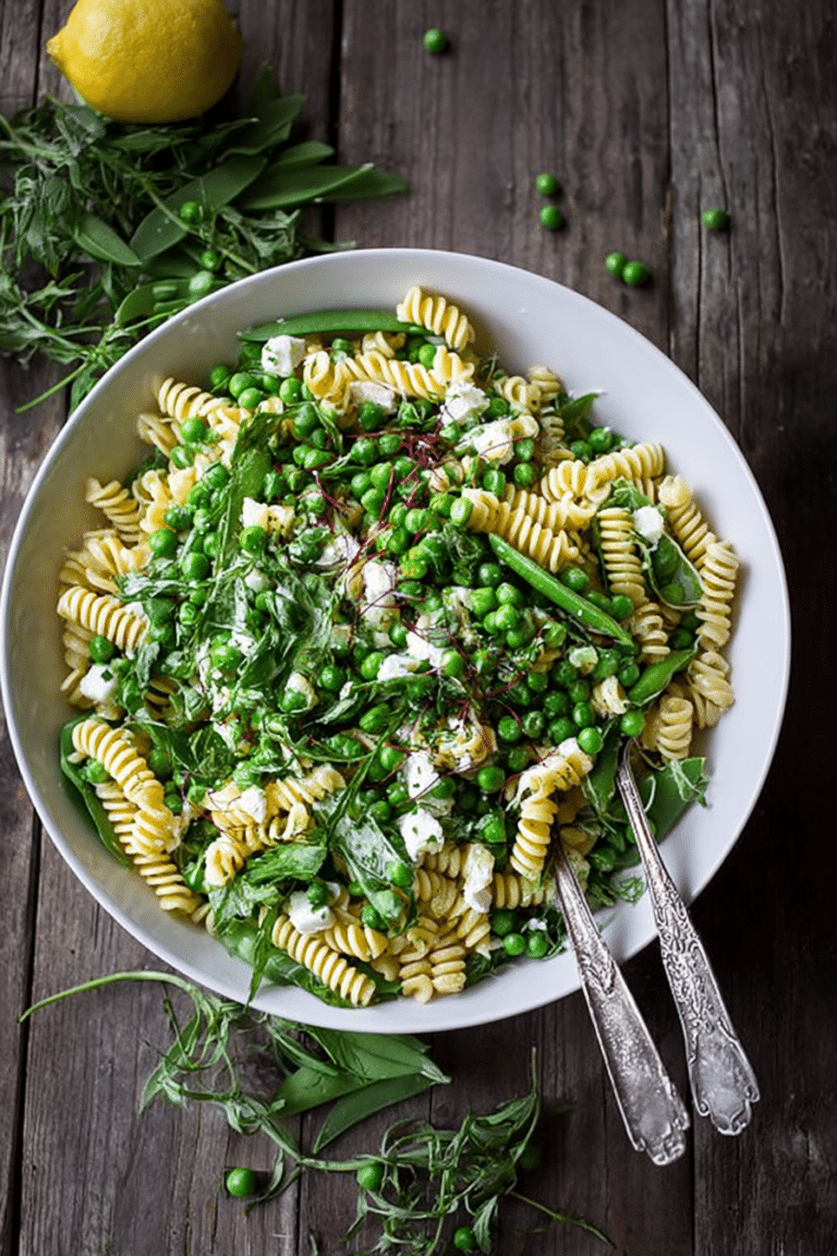 Close-up of pea pasta with mint, drizzled truffle oil, and lemon zest on a wooden table.