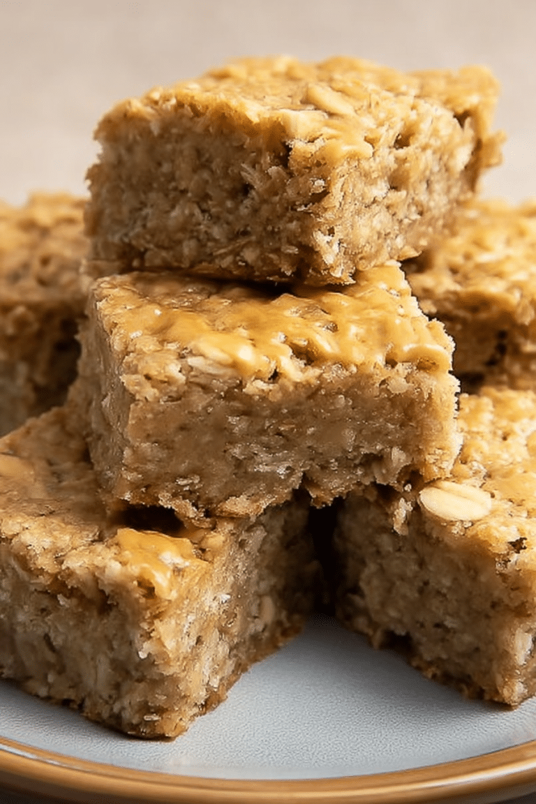 Peanut butter banana bars topped with peanut butter and banana slices on a wooden cutting board.
