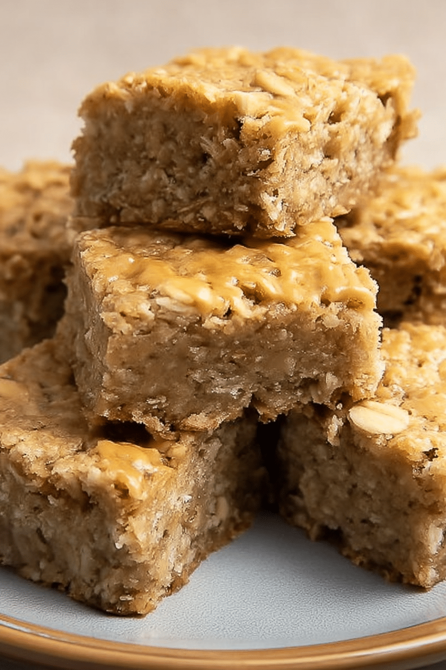 Peanut butter banana bars topped with peanut butter and banana slices on a wooden cutting board.