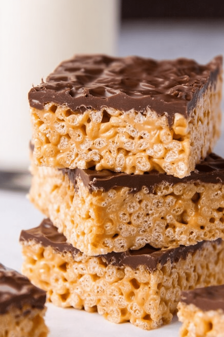Peanut butter rice krispie treats stacked with chocolate drizzle, perfect for dessert lovers.