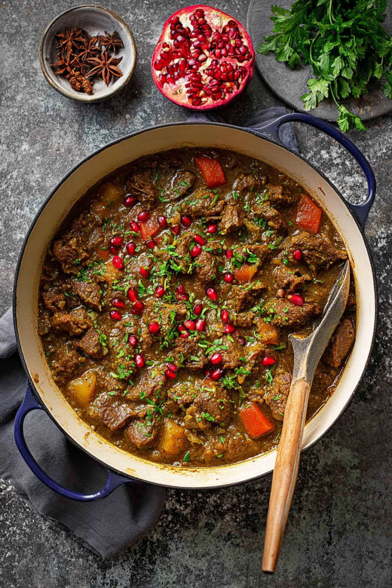 Delicious Persian Lamb Stew garnished with parsley and mint, served with basmati rice and pomegranate on the side.