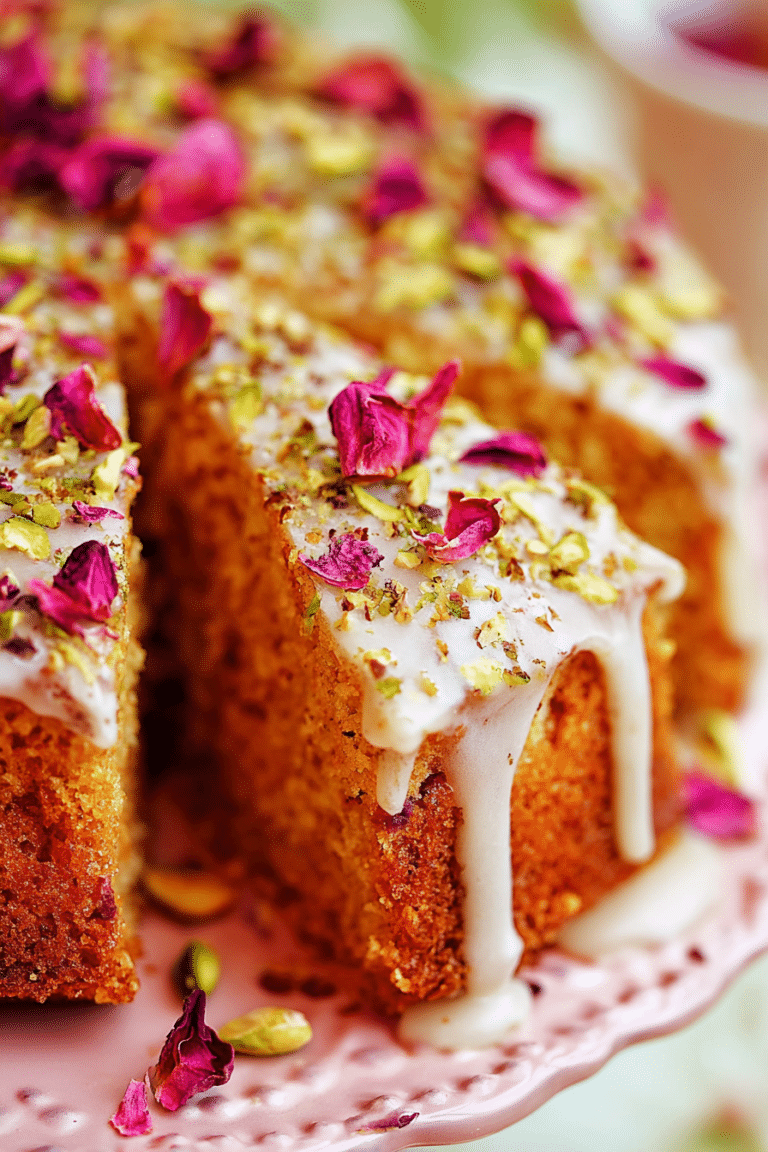 Slice of Persian Love Cake with rose petals and pistachios on a decorated plate.