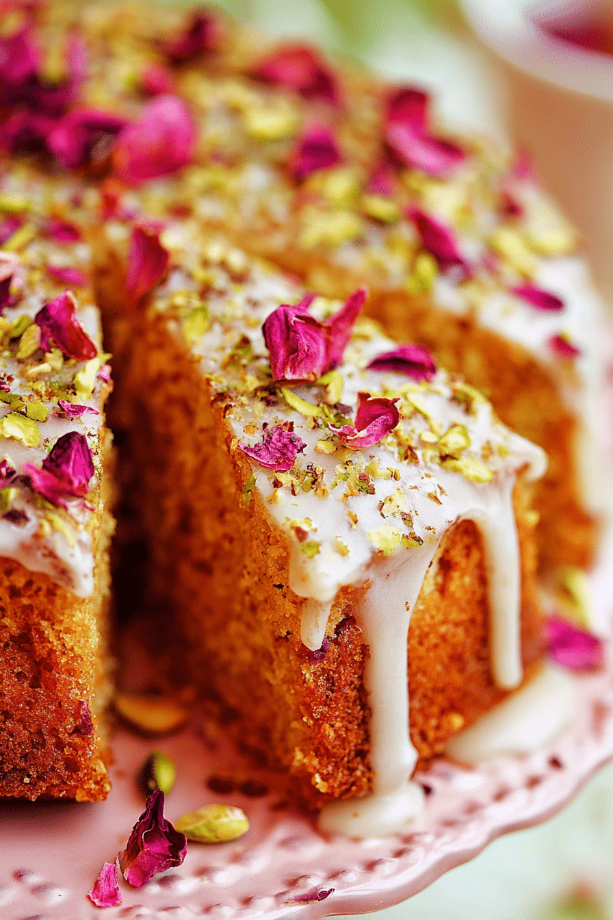 Slice of Persian Love Cake with rose petals and pistachios on a decorated plate.