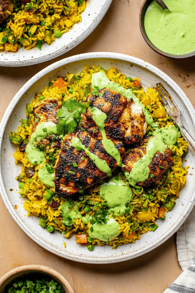 Plated Peruvian chicken and rice with green sauce, garnished with cilantro and lime, on a rustic wooden table.