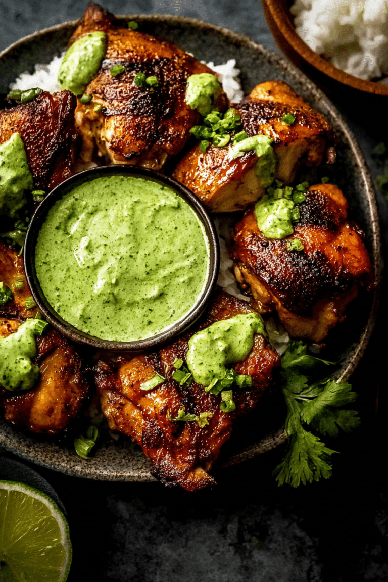 Plated Peruvian chicken with creamy green sauce and garnishes in a colorful outdoor setting